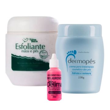Esfoliante Mãos e Pés Lizza Derm + Creme para Hidratar e Restaurar Dermopés + Loçao Delima Milagroso