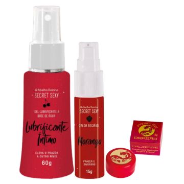 Lubrificante Íntimo A Base De Água Secret Sexy + Calda Bejável Secret Sexy Morango + Pomado Fogo do Dragão Caliente