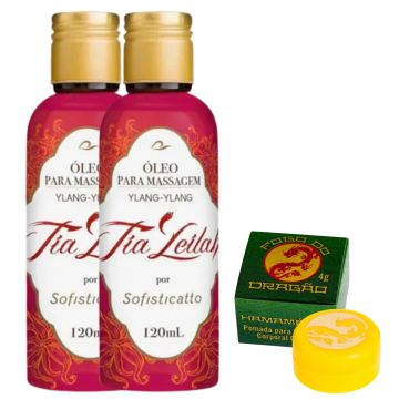 2 Tia Leilah Óleo Para Massagem Ylang-Ylang + Pomada Fogo do Dragão Hamamelis - Efeito Apertadinha