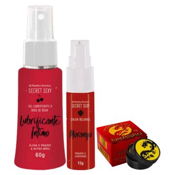 Lubrificante Íntimo A Base De Água Secret Sexy + Calda Bejável Secret Sexy Morango + Pomado Fogo do Dragão Original